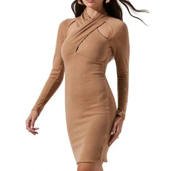 NEW ASTR the Label Tan Dress Halter Neck Tie Long Sleeve Women's Small - Picture 1 of 9